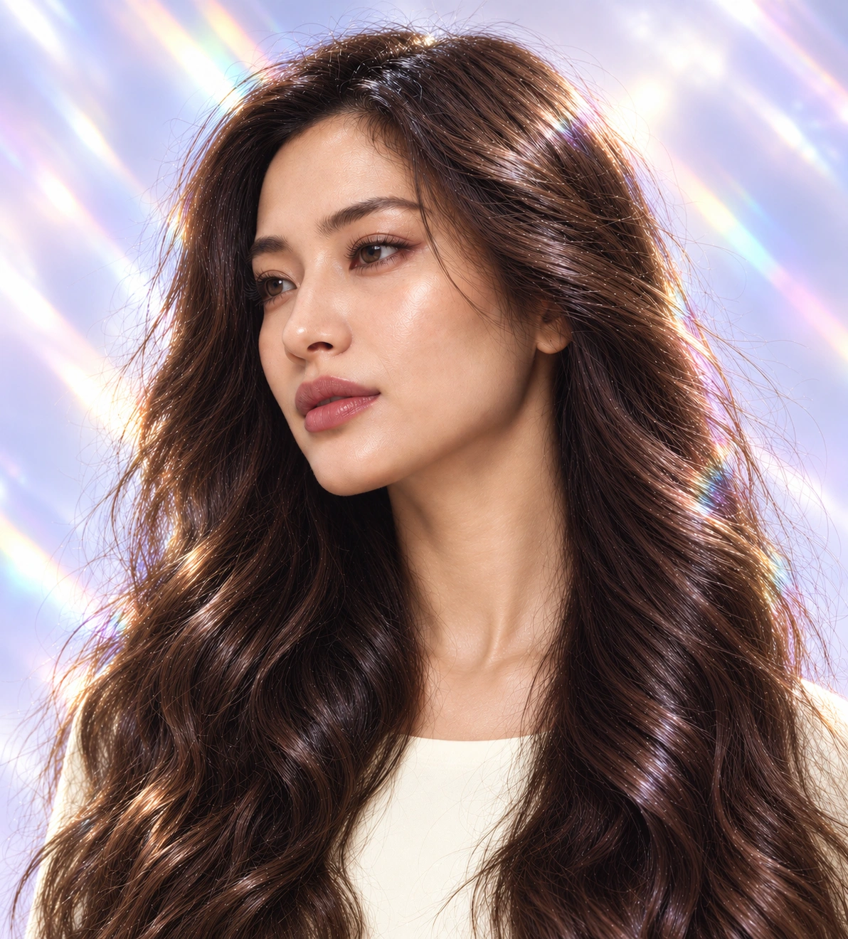 Glossy brunette hair catching soft prismatic light